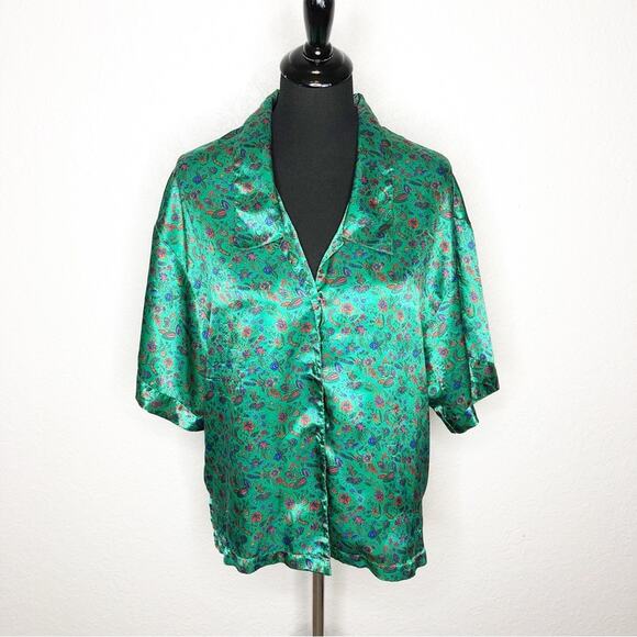Victoria’s Secret Vintage Gold Label green floral button pajama top size Large - Picture 1 of 12